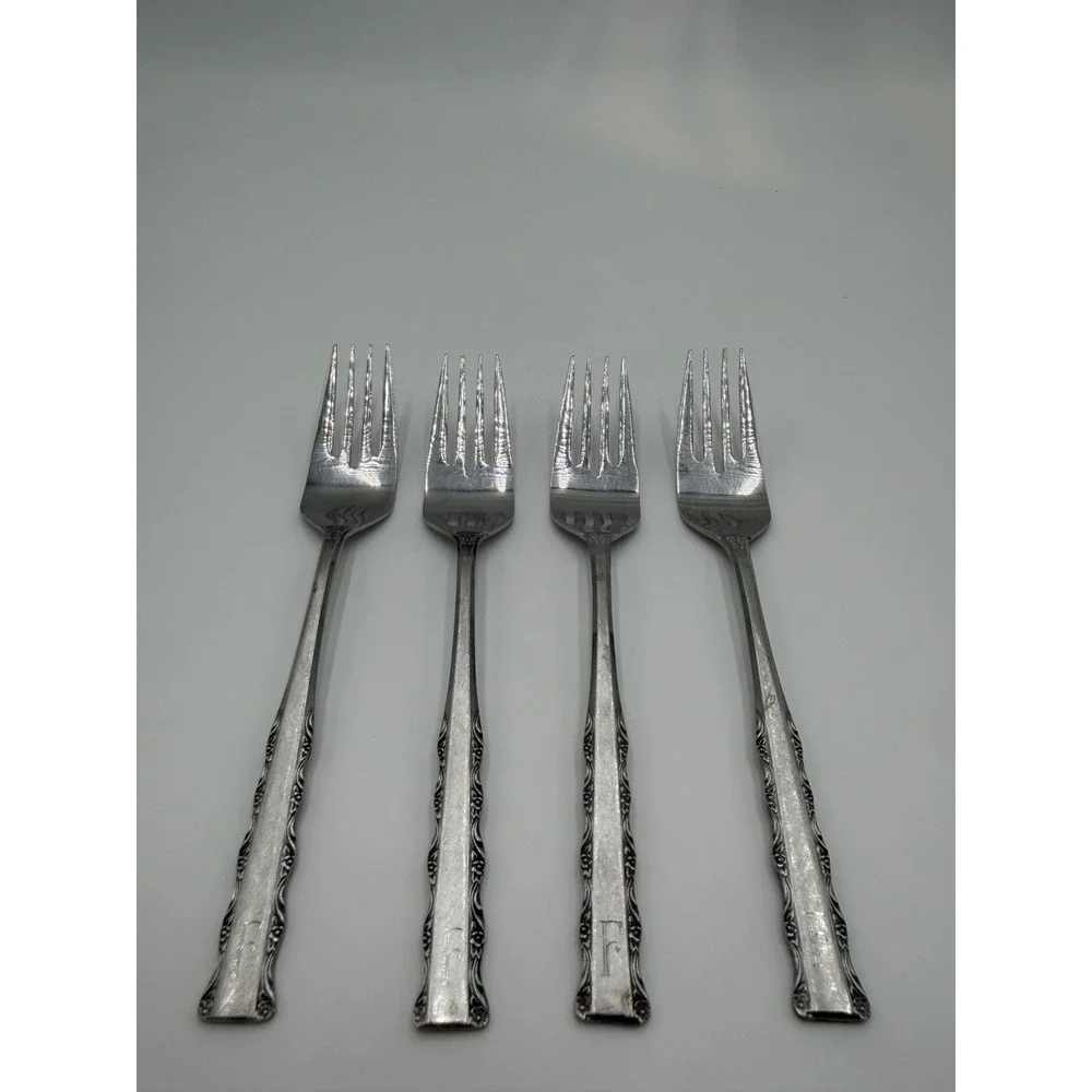 Ekco Eterna Japan Stainless Steel Dinner Forks Set of 4 Monogram F Floral Scroll